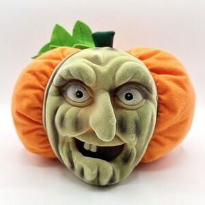 Vintage 1997 Stuffins Pumpkin Flocked 3D WITCH FACE Plush Pillow Halloween